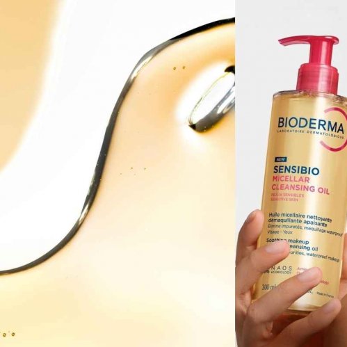 Model with radiant skin holding a bottle of the new 300ml size Sensibio Micellar Cleansing Oil