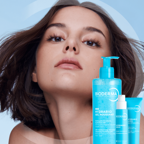 Image of model with hydrated skin and the new Hydrabio Hydro-Active range