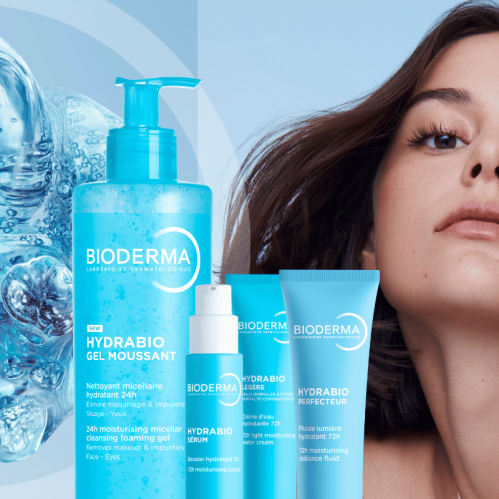 Image of model with hydrated skin and the new Hydrabio Hydro-Active range